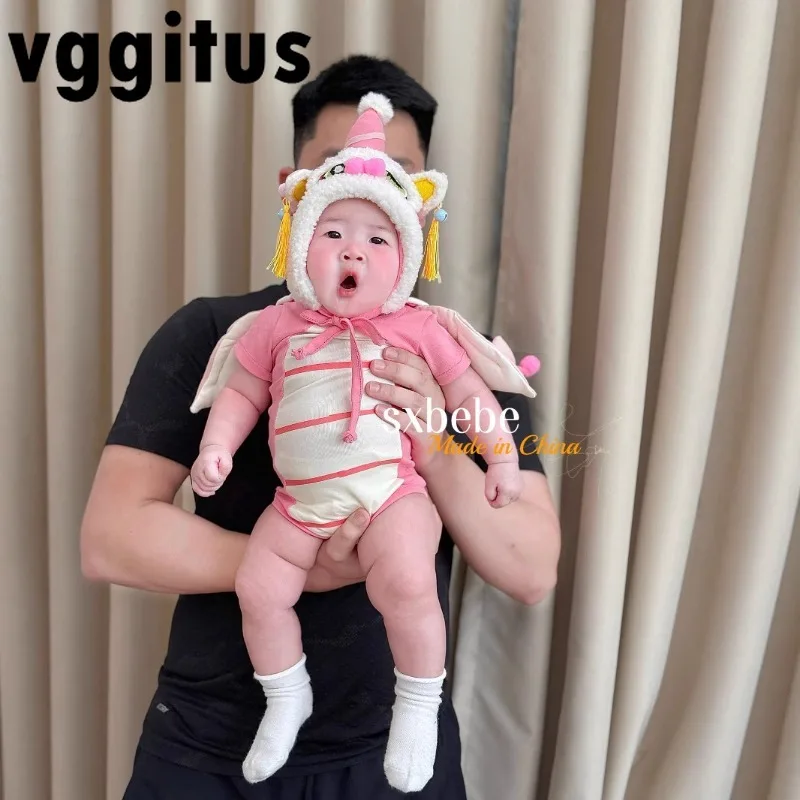 

Летний комбинезон для новорожденных с рисунком дракона и шляпой, милый розовый комбинезон с крыльями для младенцев, костюм для малышей, одежда A8143