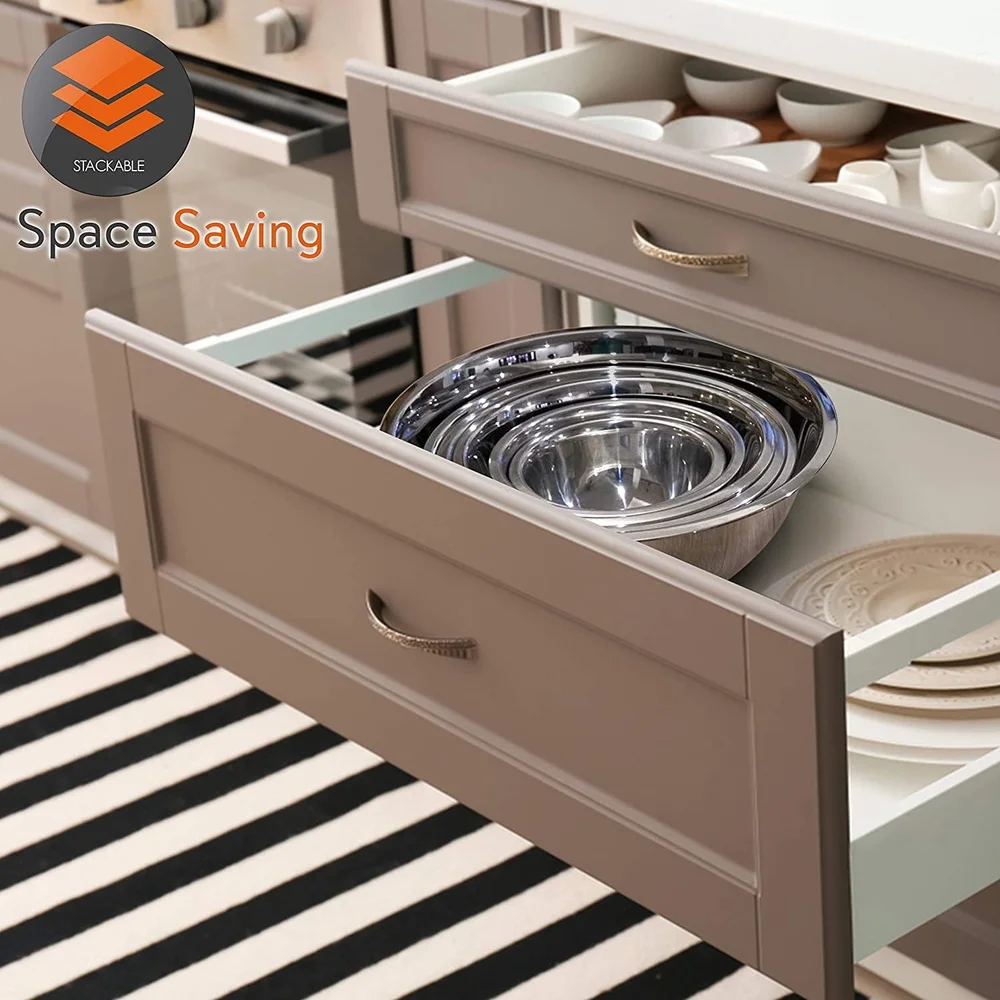 Set di ciotole per miscelazione in acciaio inossidabile da 6 pezzi, impilabili, per la preparazione degli alimenti, per la marinatura, ciotole da cucina durevoli e lavabili in lavastoviglie