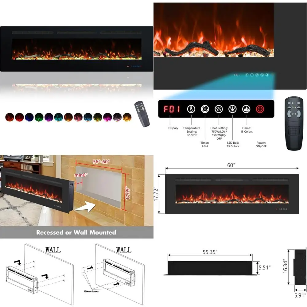 

60-Inch Wall-Mounted & Recessed Electric Fireplace Insert with Remote, 13 Color Options for Flames and Fire Bed