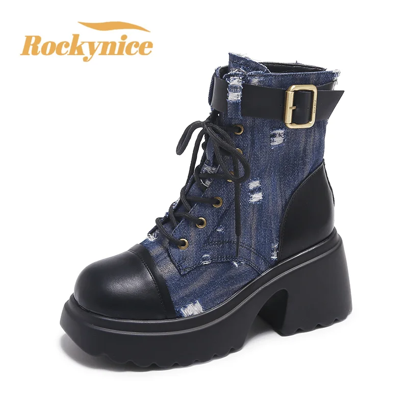 

Winter Warm Denim Leather Ankle Boots Women Autumn Platform Fur Shoes Woman 7.5CM Heels Chunky Motorcycle Boots Booties Mujer