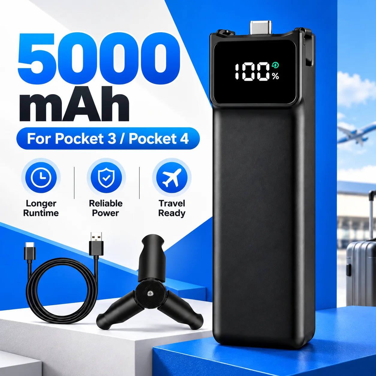5000mAh Portable Mobile Power Battery Handle with Mini Tripod, Extended Accessories for DJI Osmo Pocket 3 and Pocket 4 Handheld