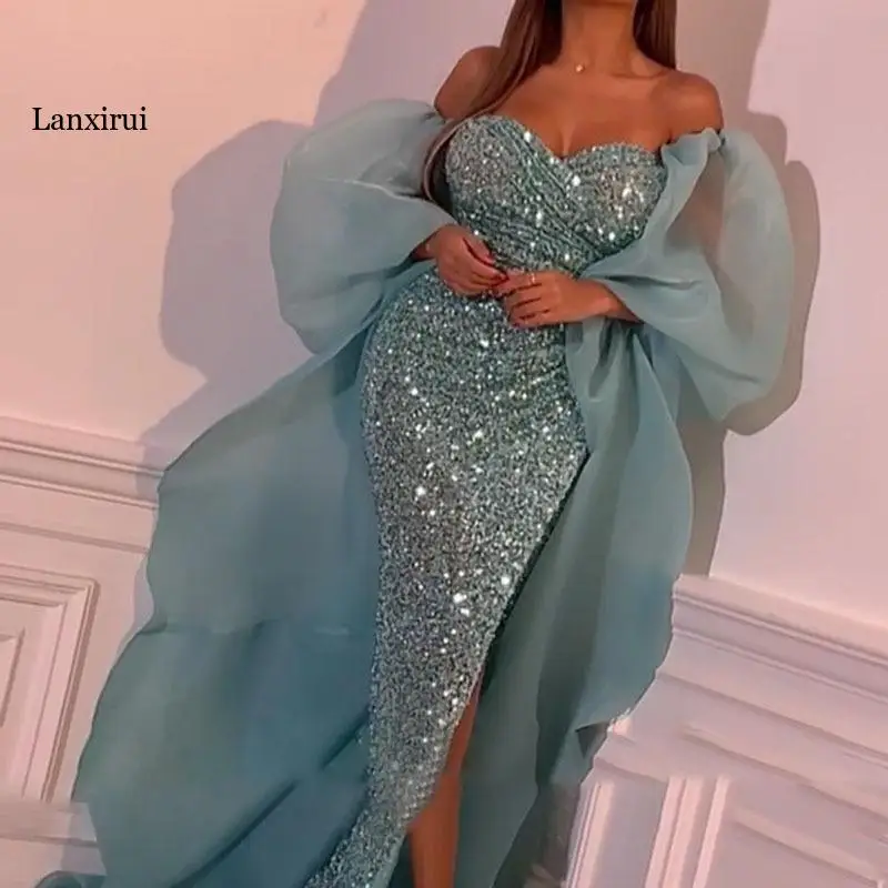 

2022 new Hot Sale sexy mesh wrap sheath prom evening dress Deep V Neck Long Sleeve Side Slit Mermaid Evening Dress