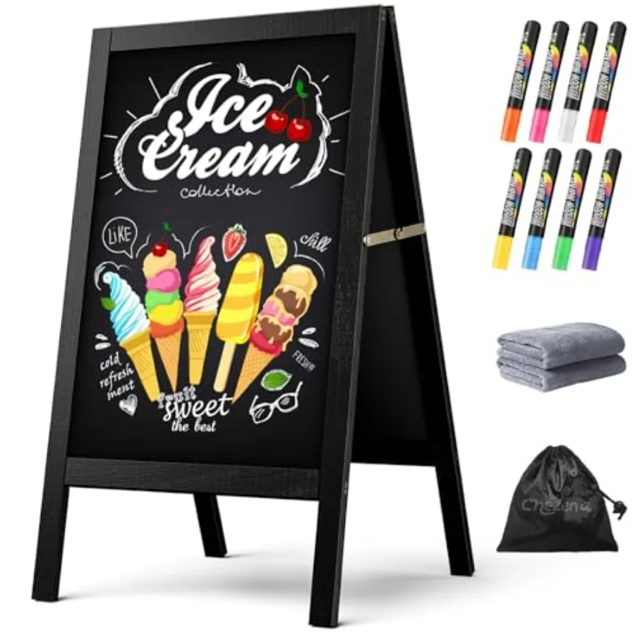 

A Frame Chalkboard Sign, 40"x20" Extra Large Sidewalk Chalk Board, Wooden Standing ChalkBoards Set with Markers, Double-Sided M