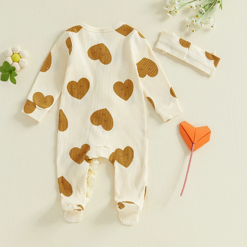 Baby Girls Footies Rompers Valentine s Day Clothes Heart Print Long Sleeve Lace Ruffles Infant Bodysuits with Headband