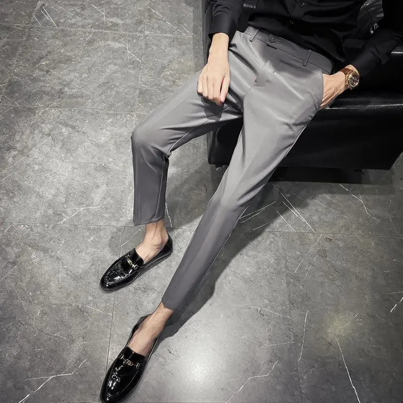 Draped Fluid Black Men\'s Summer Pants Solid Color Male Suit Trousers New in Elegant Slacks Formal Cheap Fabric Tailoring 2024 Up