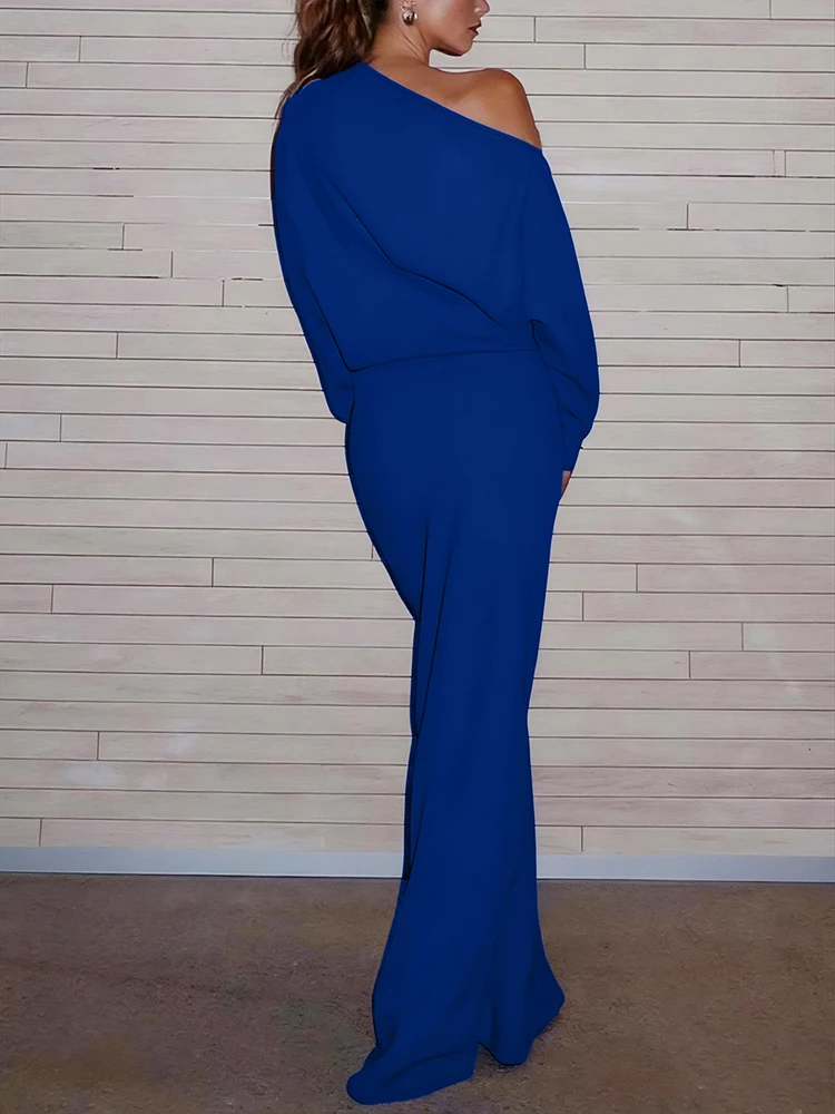 فستان سهرة أزرق بياقة مائلة على الطراز الفرنسي، فستان خريف وشتاء بتصميم ملفوف على طراز الوركين، فستان أنيق طويل الأكمام للسيدات في الشارع #3