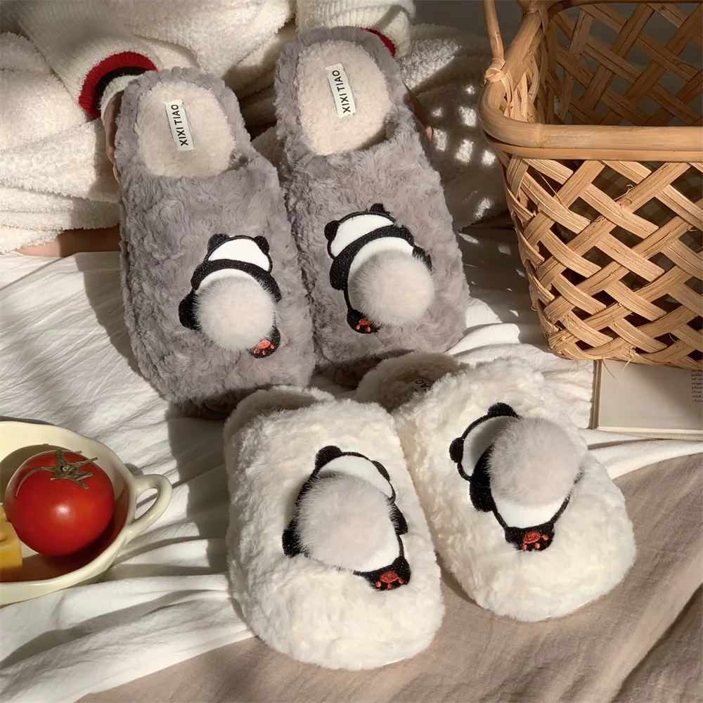 

Winter new plush cotton shoes men's warm, comfortable and fluffy home slippers casual and cute red panda non-slip shoes