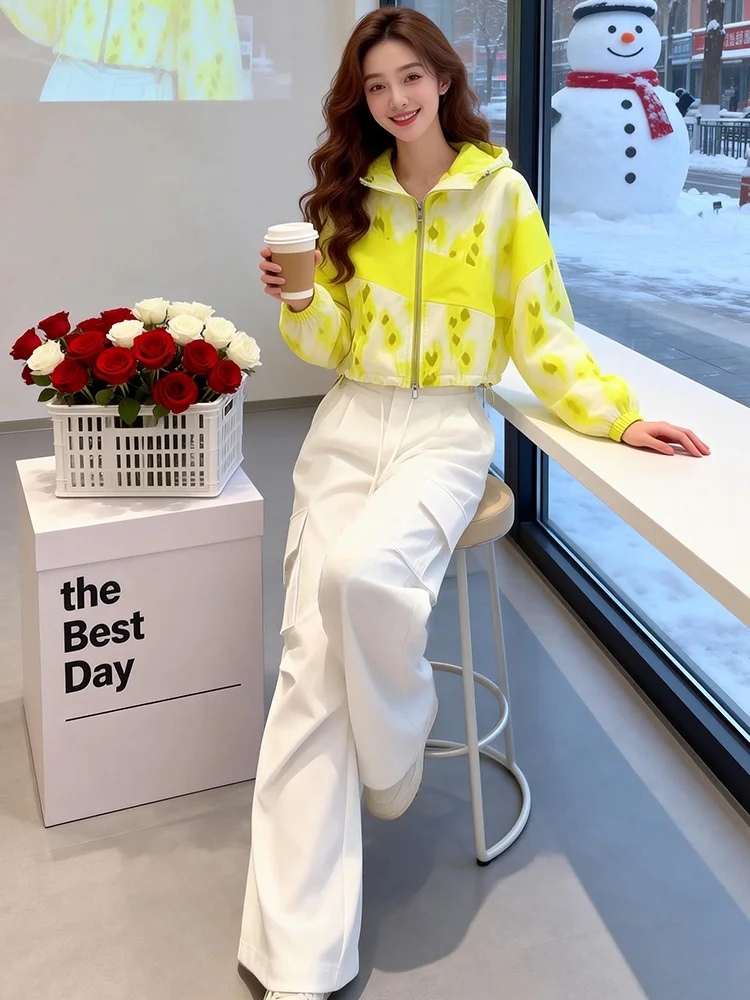 

Fashionable Casual Women's Set Spring 2026 Long Sleeve Open Cardigan Coat White High Waist Wide Leg Pants Two Piece Set