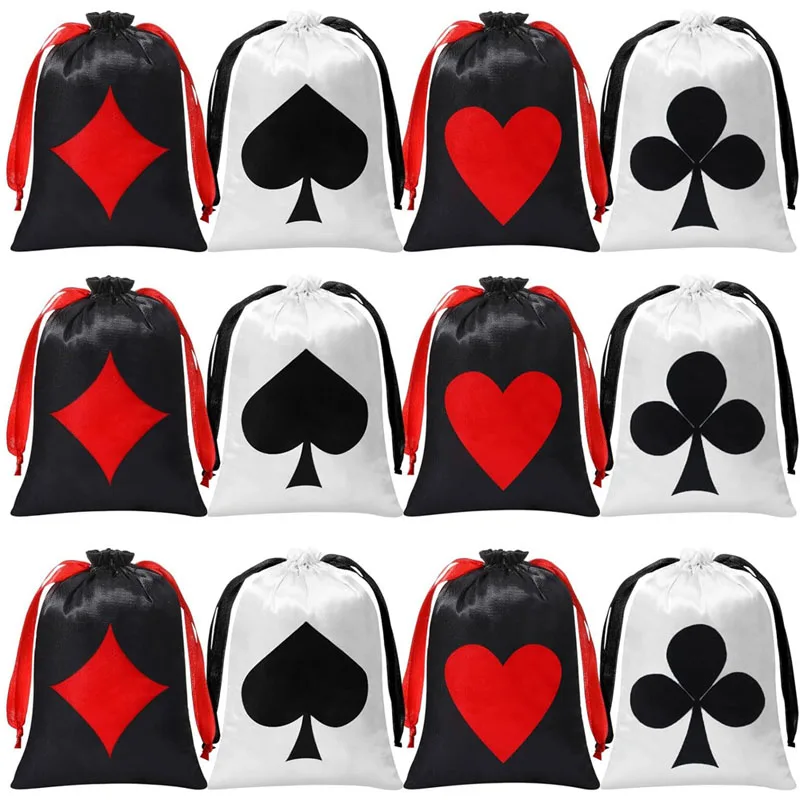 

36pcs/lot 13x18cm 5x7 inch Poker Satin Pouches Las Vegas Casino Game Dices Keychains Drawstring Gift Packaging Bags