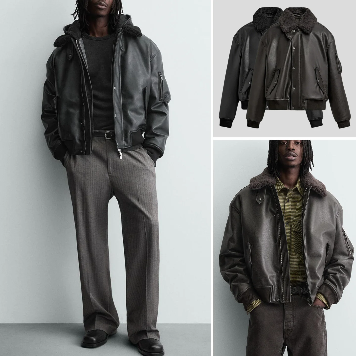 

Winter New Men's Loose Fit Detachable Collar Faux Leather Effect ort Jaet Coat Casual Sle Polyester Fiber Long Sve