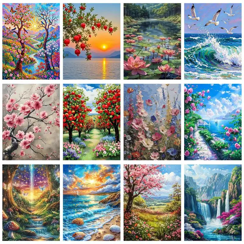 CHENISTORY Kit Pittura a Numeri Paesaggio con Alberi su Tela, Arte Dipinta a Mano, Regalo Fai da Te, Quadri a Numeri, Decorazioni per la Casa