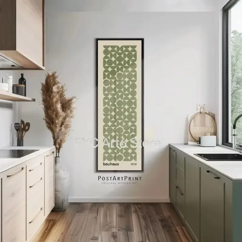 1PC frameless Sage Green Bauhaus  Poster, Long Narrow Art, Wide Art Print, Abstract Long Vertical Wall Art, Large Unframed Canva