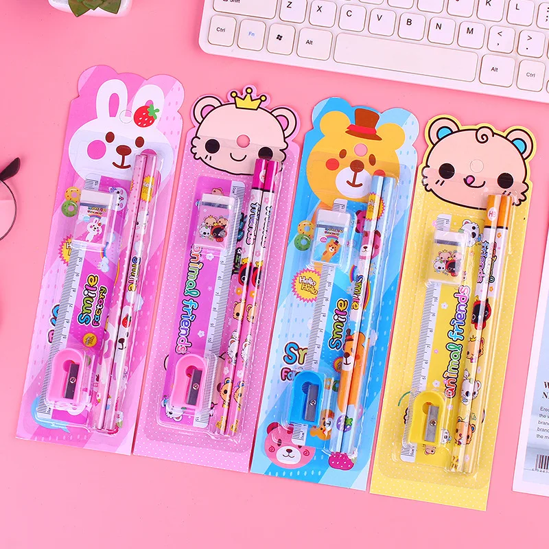 

5Pcs/set Cute Cartoon Pencil Set Kawai Writing Pencils with Sharpener Eraser School Supplies for children Stationery Gift Set