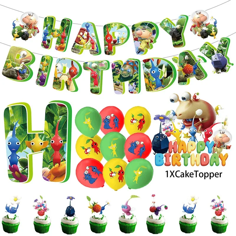 Game Pikmin Birthday Decoration Party Supplies Banner Ballloon Baby Shower Cupcake Flags Happy Disposable Accessories for Kids