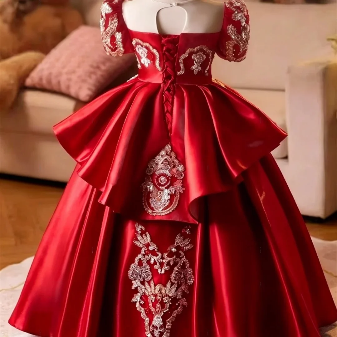 Custom Luxury Dress Wedding Guest Gown Puff Sleeve Embroidery Satin Ballgown Kids Gown Birthday Party Costume For Pageant Runway