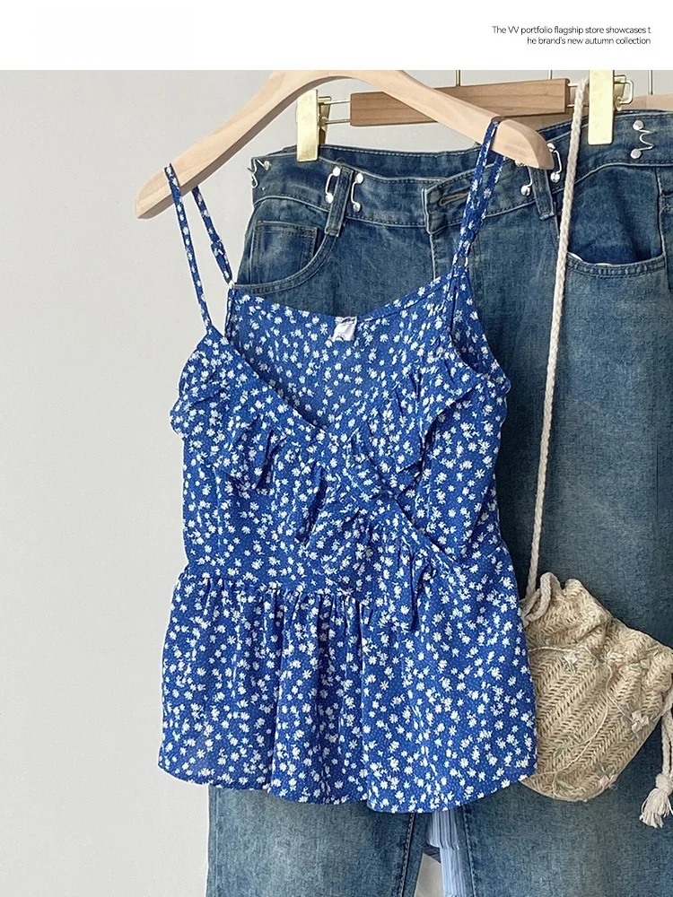 Koreanische Sle Spicy Girl Floral Design Svel Weste Strap frauen Sommer Neue Faion Asymmetrische Top ort Länge Pflanze Fl...