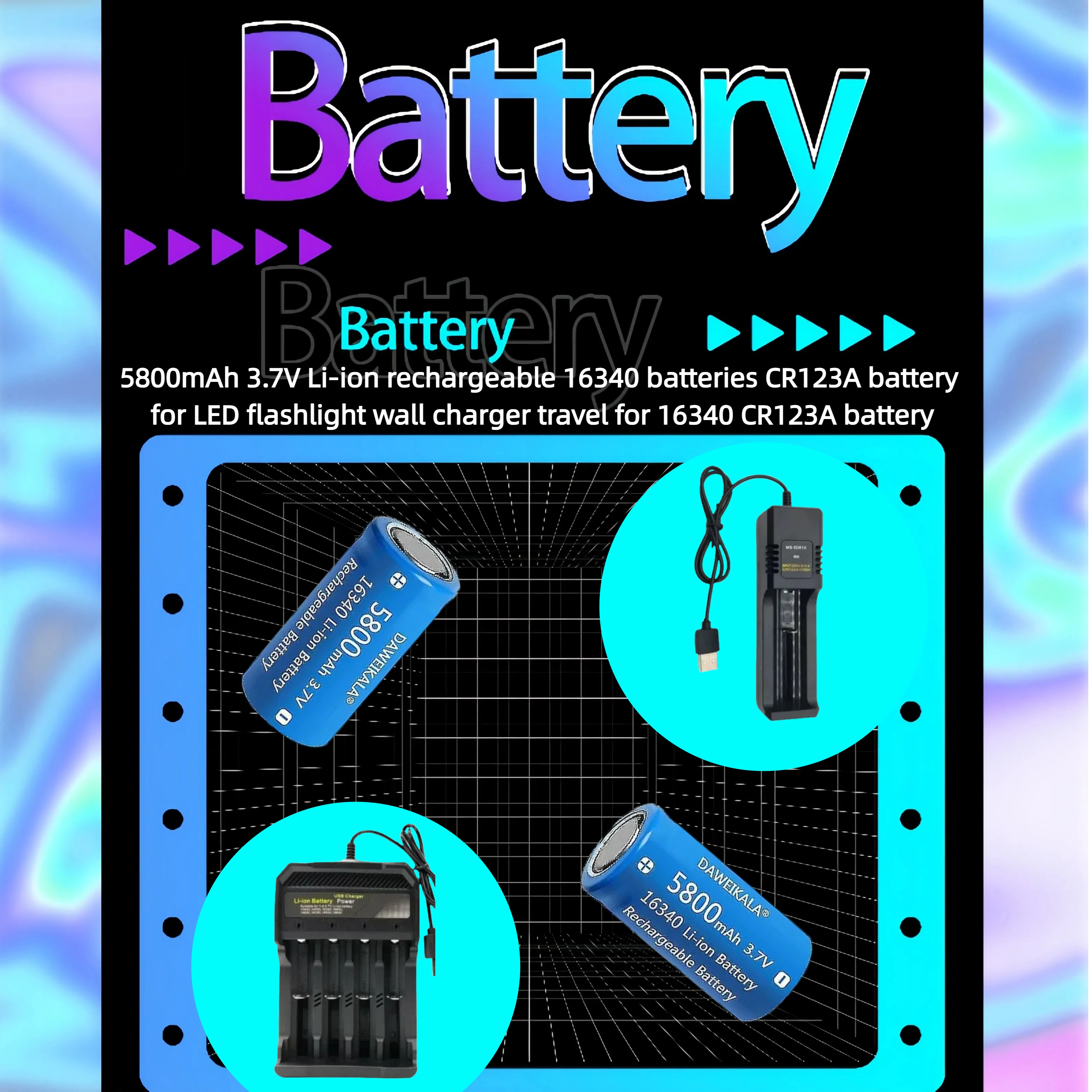 

5800mAh 3.7V Li-ion Rechargeable 16340 Batteries CR123A Battery for LED Flashlight Wall Charger Travel for 16340 CR123A Battery