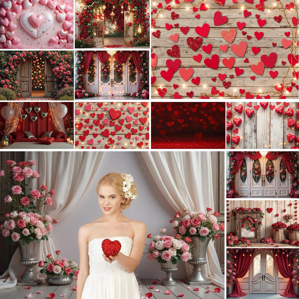 

MOON.QG Valentine'S Day Backgrounds For Photographs Red Curtains Heart Glitter Light Backdrop Girl Portrait Shooting Wallpaper