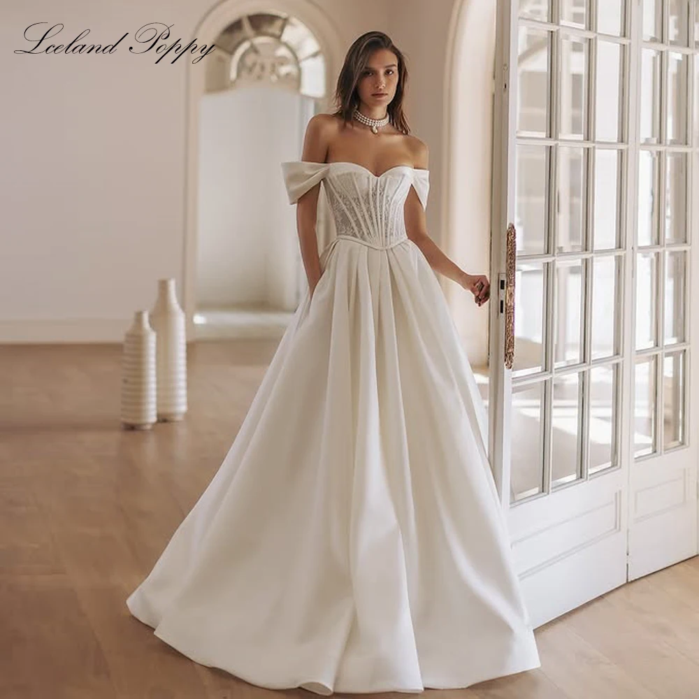 Lceland Poppy Customized A Line Boat Neck Satin Wedding Dresses Floor Length Illusion Lace Bridal Gowns with Court Train