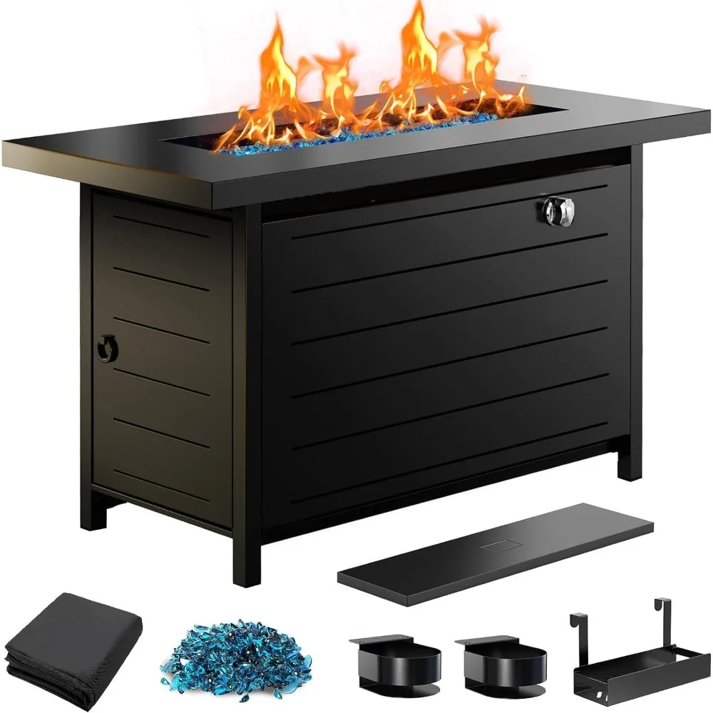 43″ Fire Pit Table with Cup Holders, Hanging Shelf & Nylon Cover, Glass Beads & Lid, 60,000 BTU, Propane Fire Pit Table