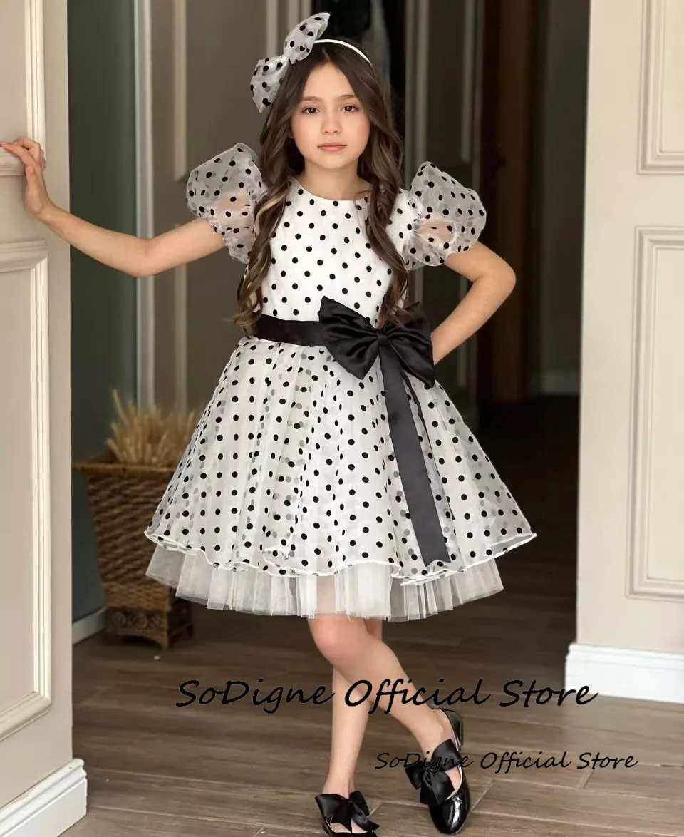 SoDigne A-line Dotted Tulle Flower Girl Dress O-neck Short Sleeves Skirt Girls Party Dresses Kid Gown with Bow Customized