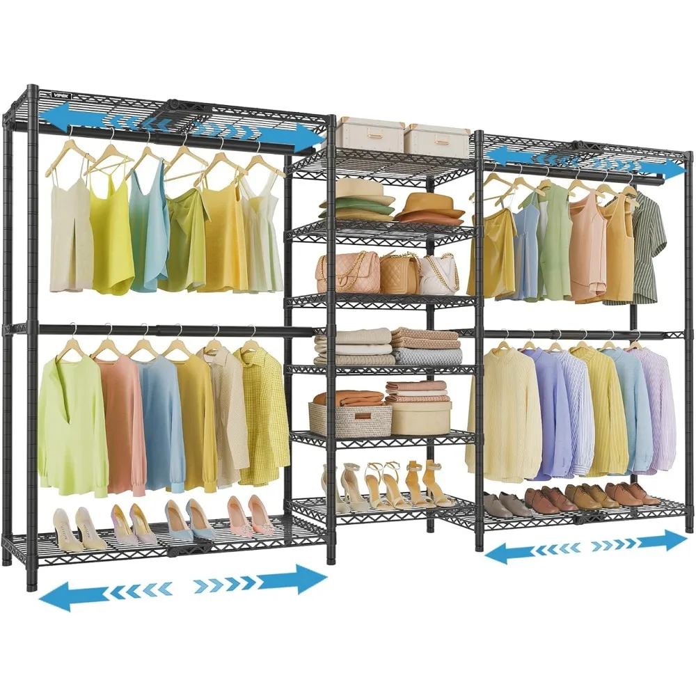 

Expandable closet rack 5'10-8'8, extendable shelves & rods, freestanding modular wardrobe, 1360 lb max load, black