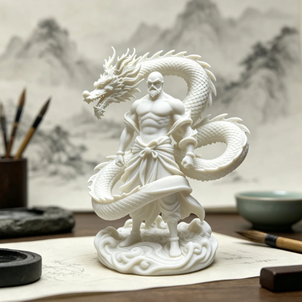 Mystery Dragon Warrior Statues 3D Printed Sculpture Strong Man Coiled Dragon Figurines Ornament DIY Model Home Office Desk Decor