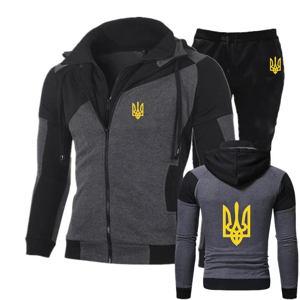 

2025 Ukraine Logo Print Men's Spring And Autumn New Asymmetrical Zipper Hoodie Casual Tops+Long Pants Sports Suit