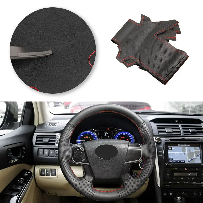 

Для Toyota Camry 2012 2013 2014 2015 2016 автомобильный кожаный чехол на руль из микрофибры, внутренняя отделка, аксессуары