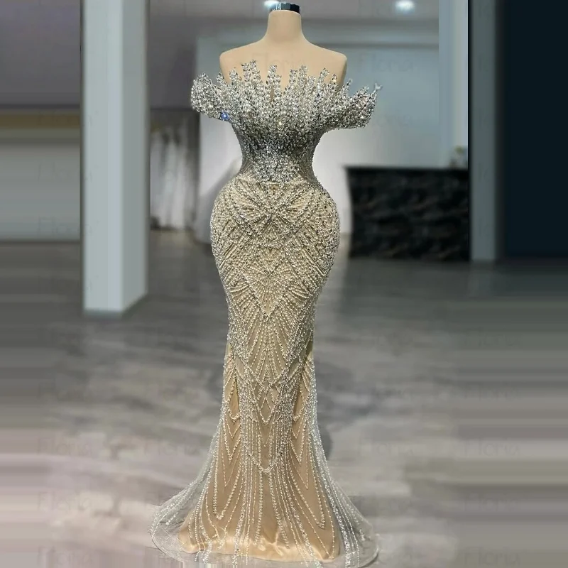 Abito da sera in raso champagne con spalle scoperte Abito da cerimonia formale a sirena con perline Abito da ballo staccabile di lusso personalizzato