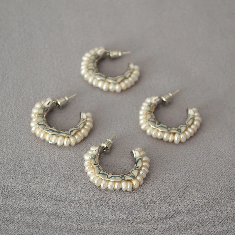 BK Studio C-shaped Romantic Style Silver Color Freshwater Irregular Baroque Pearl 925 Silver Needle Elegant Hoop Earrings