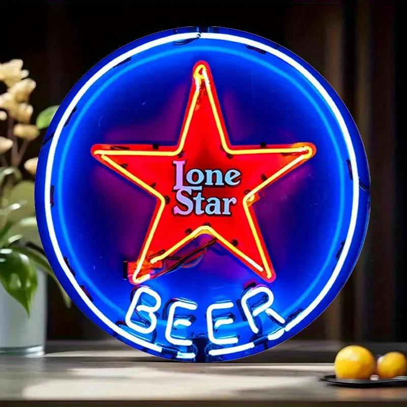 2D Flat, Lone Star Beer Neon Sign - Vintage Retro Bar Decor with Neon Effect - Heavy-Duty Metal - / Use, for Cave, Pub - Neon