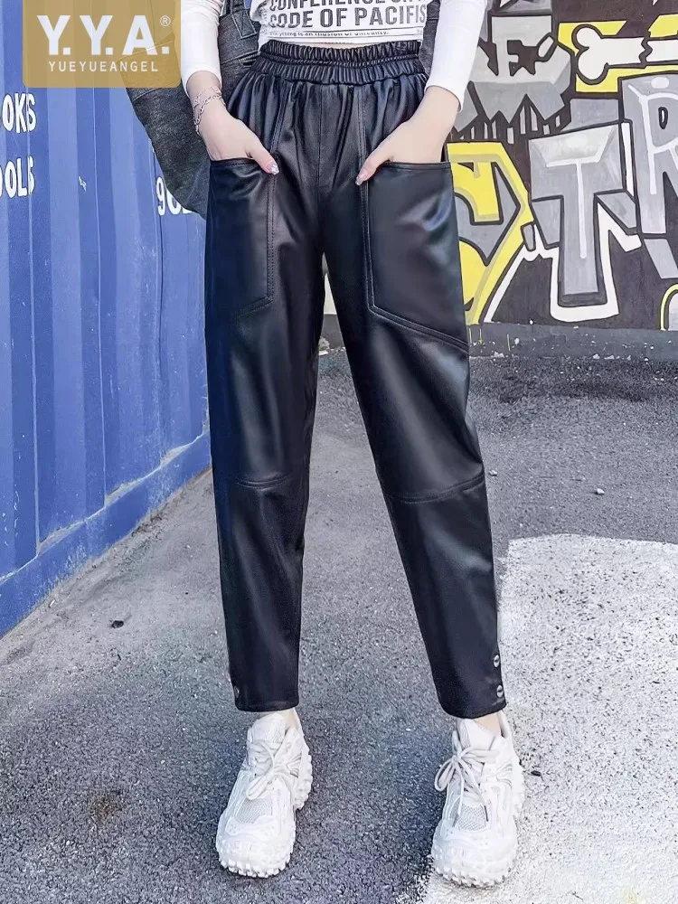 

Casual Elastic Waist Women Genuine Leather Pants Hip Hop High Waist Black Harem Pants Fashion Pocket Spring Sheepskin Trousers