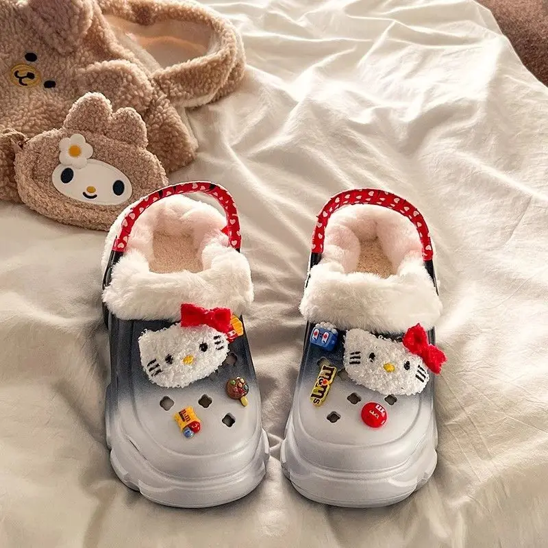 Sanrio Cute Cartoon Hello Kitty Plush Hole Shoes Women Autumn Winter New Thick Soled Cotton Slippers Unique Design Warm Slippers