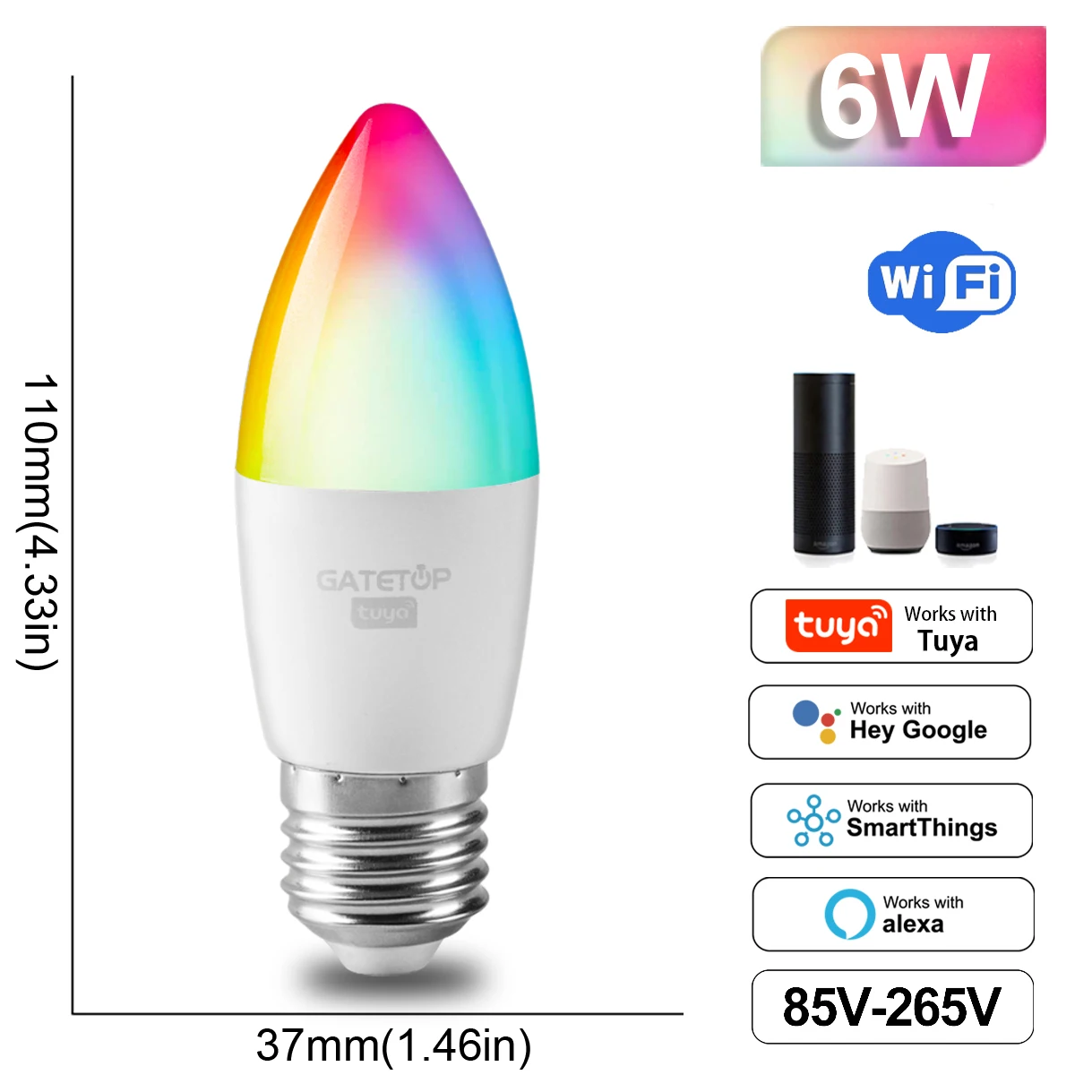 Imagem -05 - Inteligente Dimmable Led Lâmpada Mágica Lâmpada Tuya Rgb Luz Wifi Funciona com Alexa Google Home C37 E27 ac 110v 85v265v 6w