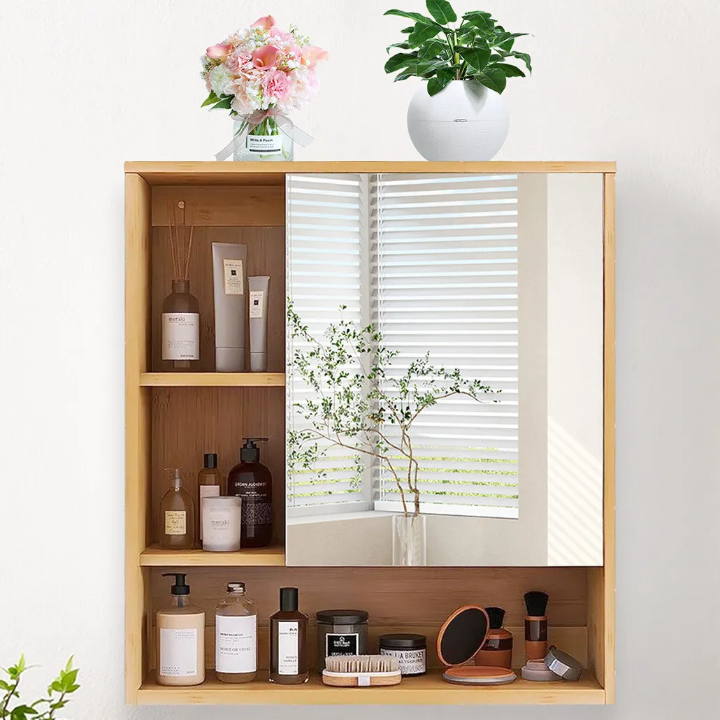 Wand-Badezimmerschrank mit Spiegeltür, Bambus-Medizinschrank, Aufbewahrungsorganizer