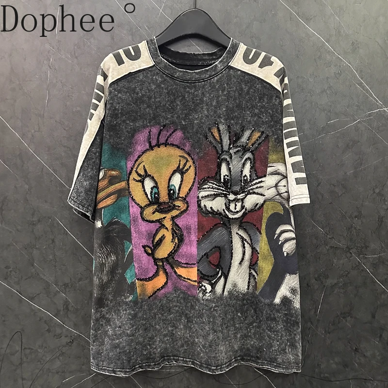 2025 New Spring Summer Loose Short Sleeve T-shirt Colorblock Cute Sequins Cartoon O-neck Pullover Top Mid-long Oversize Tshirts