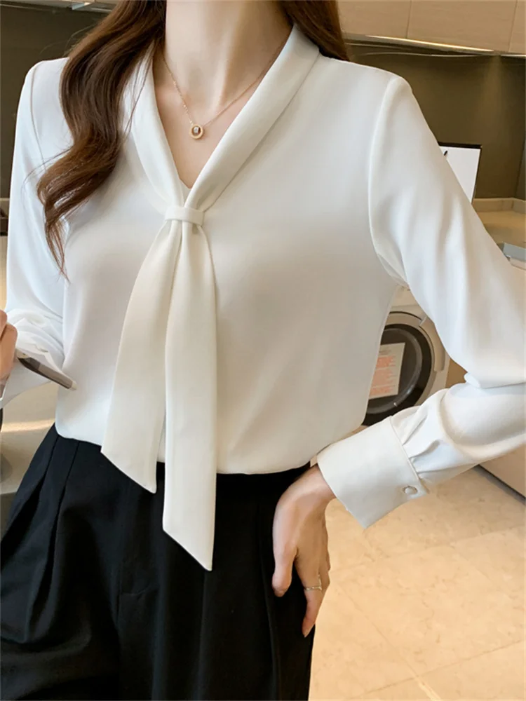 #3229 White Womens Tops And Blouses Cow Collar Office Chiffon Blouse Femme Elegant Long Sleeve Slim France Style Spring Autumn