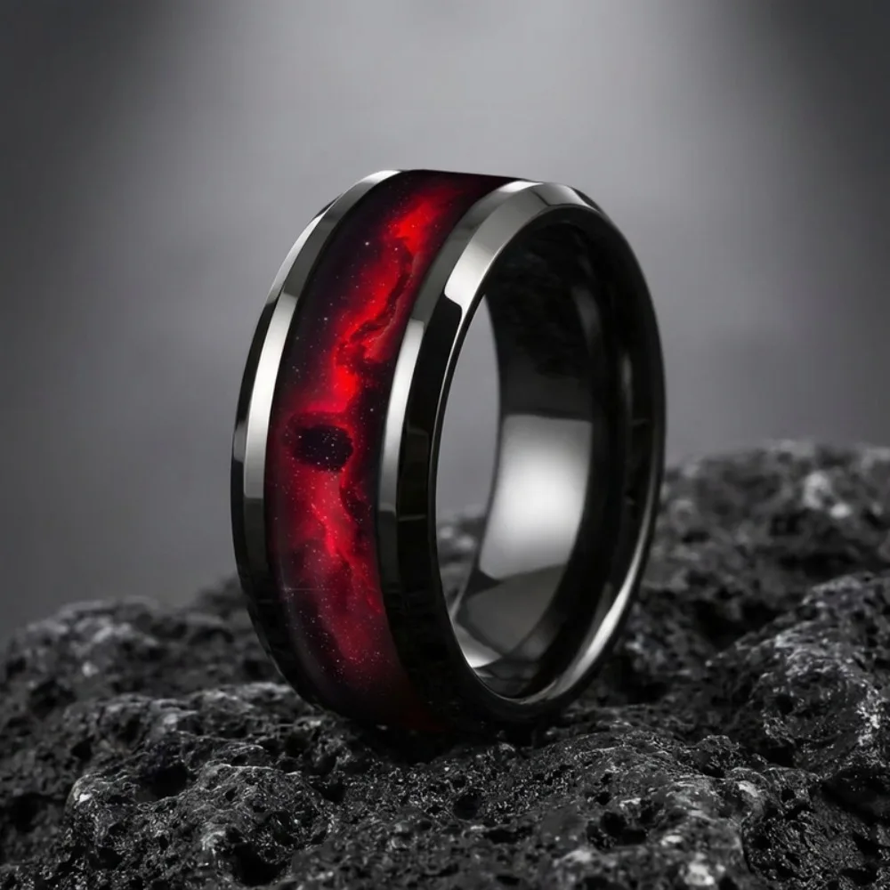 SUNFLOWERZHU Double Bevel Polished Steel Ring Jewelry Fashion Men Red Planet Black Stainless Steel Rings Women Wedding Band