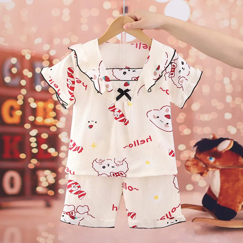 Children's Sleepwear Girls' Summer Bubble Wrinkled Gauze Thin Short Sleeved Sleepwear Children's and Girls' Stylish Home Clothes