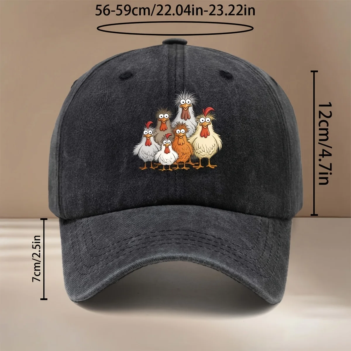 This Is a Baseball Cap with a Funky Chick Print, Featuring a Six-panel Design. It's Stylish, Comfortable, and Adjustable in Size