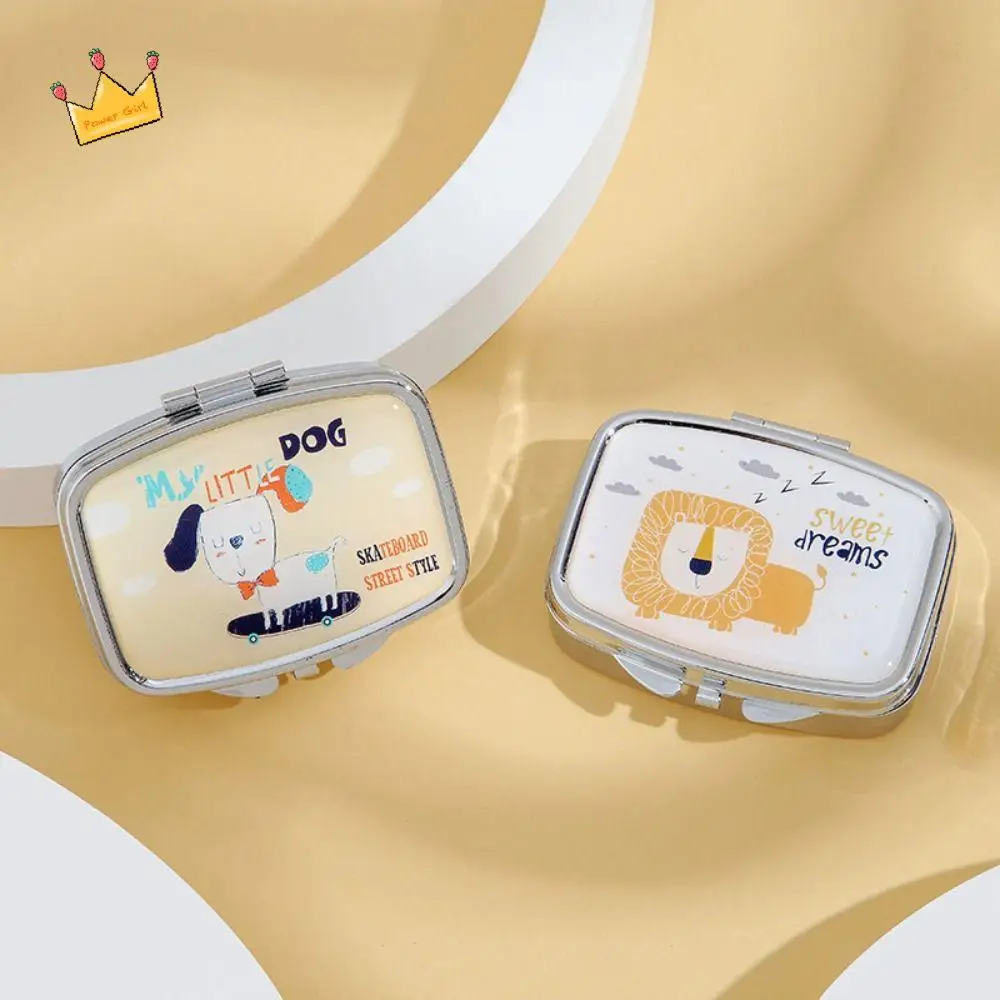 Quadrado com espelho hd dos desenhos animados animais caixa de jóias bonito 2 grade mini caso pílula multifuncional à prova dwaterproof água selado organizador viagem