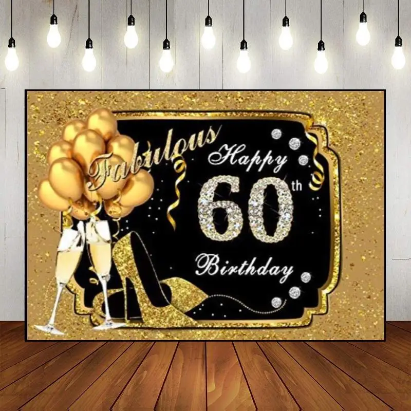 Banner Custom Party Wall Photography Backdrop Photo Decoration Happy 60th Birthday Man Woman Balloon 60years Golden Background