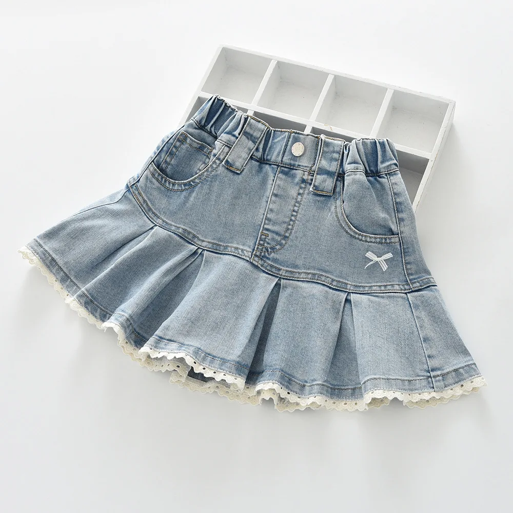 2026 summer new kids shorts elastic waist girls lace bow pleated denim skirt