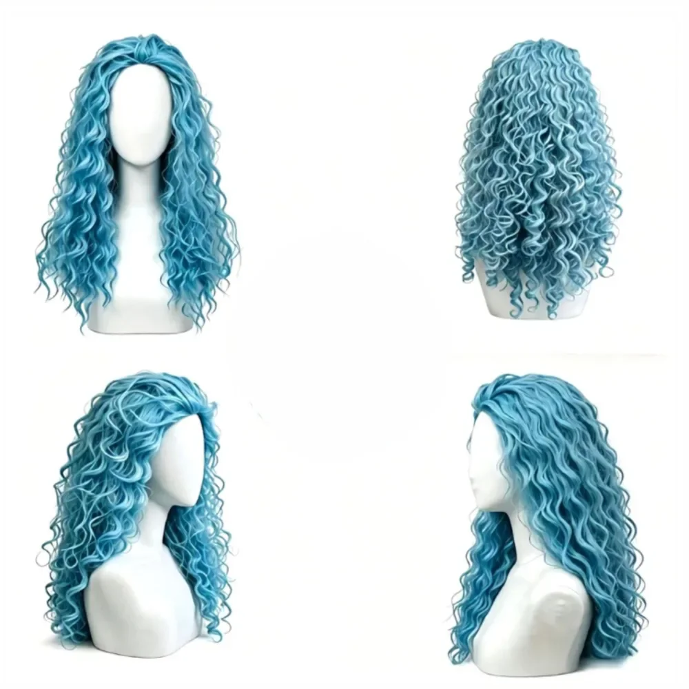 Red Blue Long Curly Synthetic Wig with Double Ponytail Women Fluffy Wavy Cosplay Wig for Halloween Party Costume Accessory