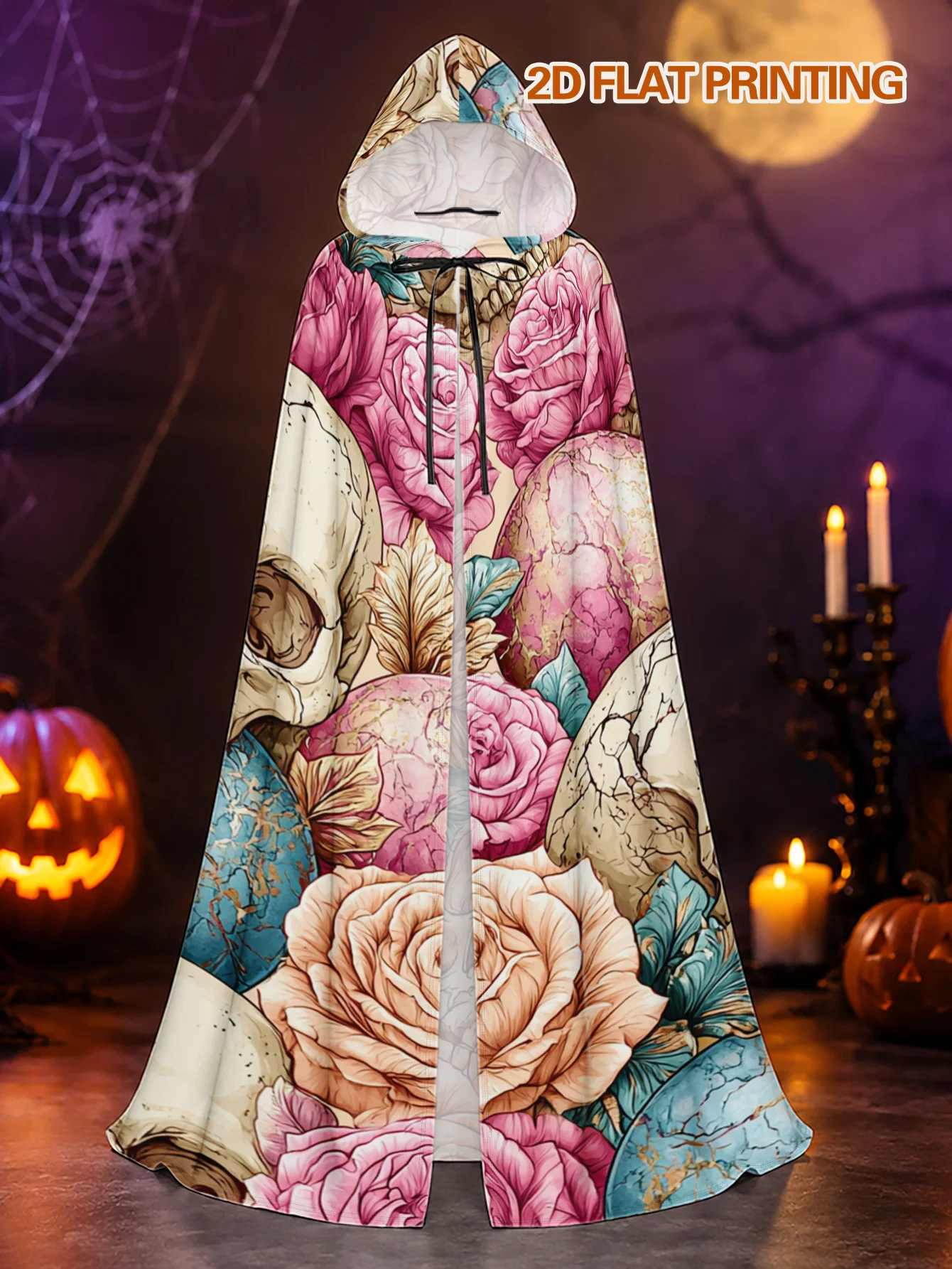 1pc Men' Gothic Witch Elf Roleplay Cape Hooded Robe with Skull & Print - Stretchable Polyester Costume Suitable for Halloween