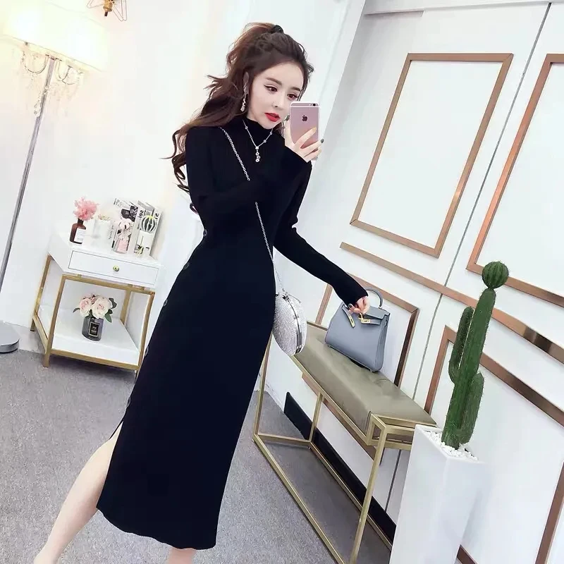 

Women's Sweaters Dresses Fall/Winter 2023 Korean Fashion Knitted Dress Half High Neck Side Split Bottom Skirt Long Sweater Dress