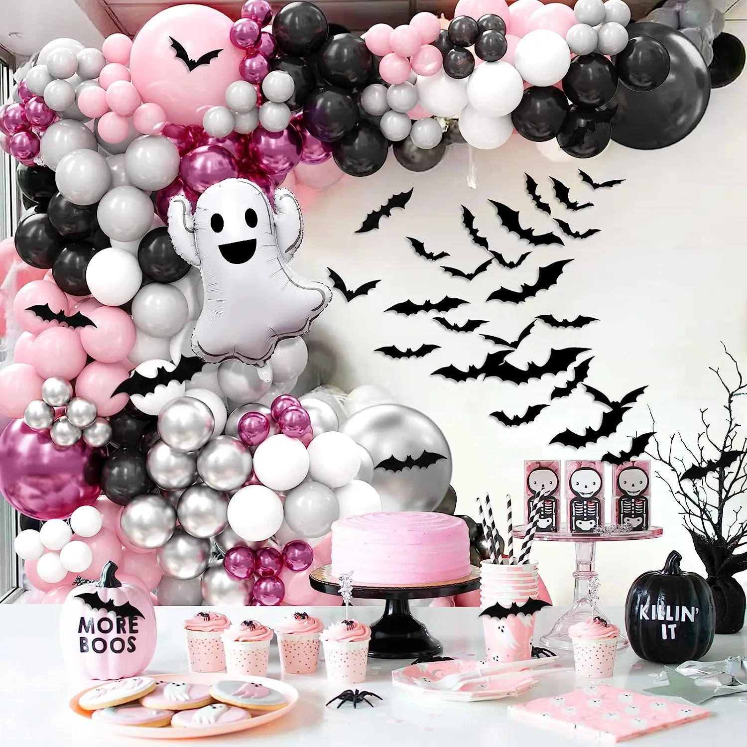 174 stücke rosa schwarz Halloween Dekorationen Ballon Girlande Kit mit Geister Luftballons Baby Mädchen Halloween Geburtstags feier liefert