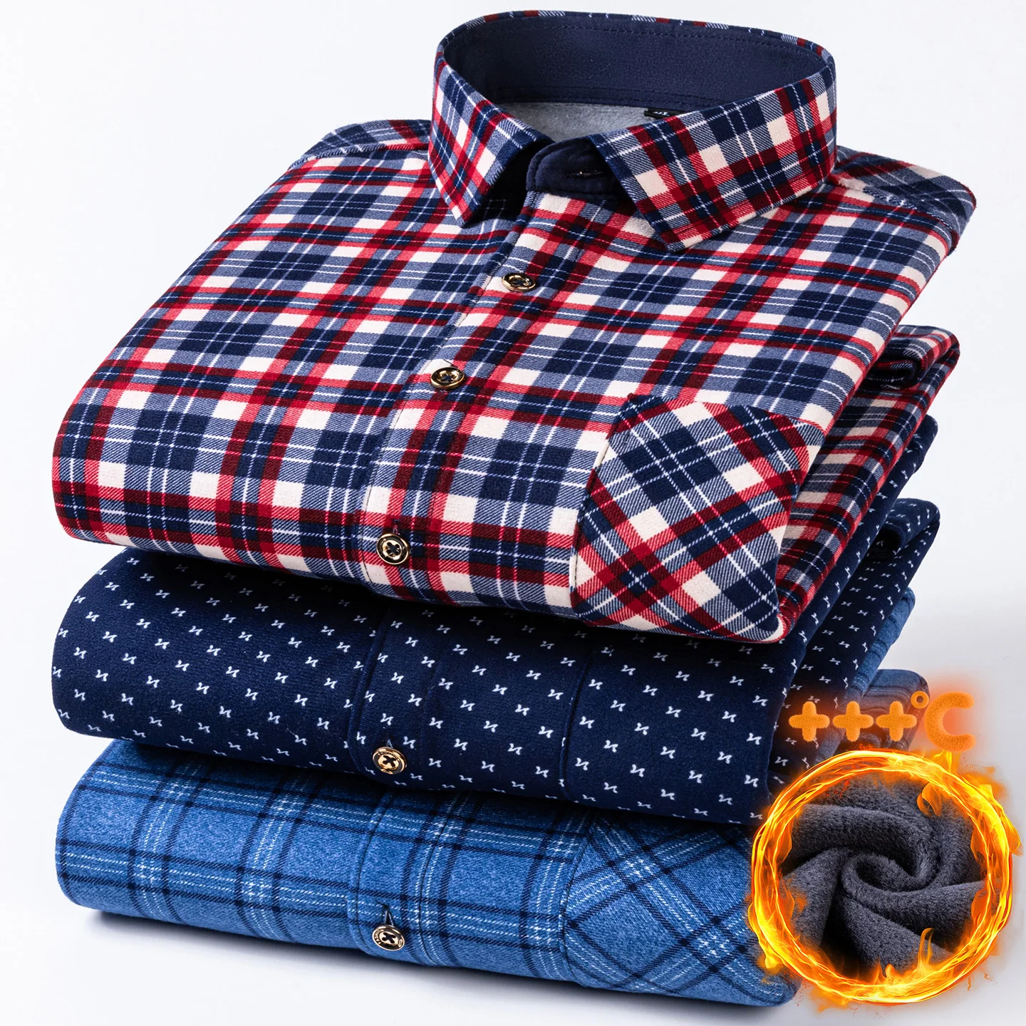 Thickened Double-Side Mens Plaid Shirt Fleece Lined Warm  Long Sleeve Winter Print Casual Daily Soft Autumn Clothes Plus 8XL 7XL