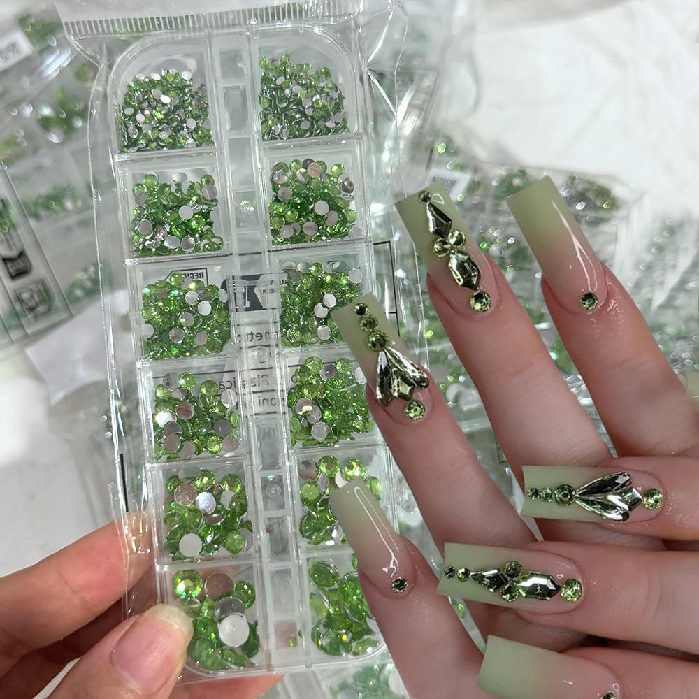 12 Siatek Jasnolimeowych Ozdób do Paznokci z Cyrkoniami, Żywica 3D, Mieszane Rozmiary 2-6mm, Płaskie, Błyszczące, Okrągłe Diamenty do Paznokci # %